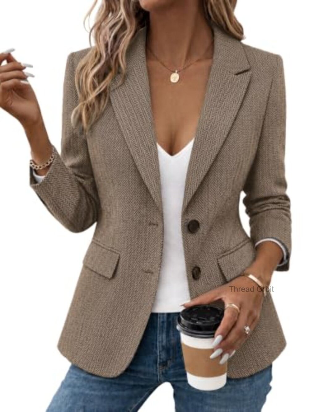 Herringbone Tweed Blazer Jacket Women Slim Fit Notch Lapel Work Office Coat
